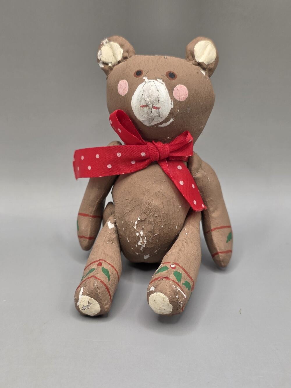 Vintage Primitive Papier Mache Teddy Bear Figurine Distressed Folk Art Christmas